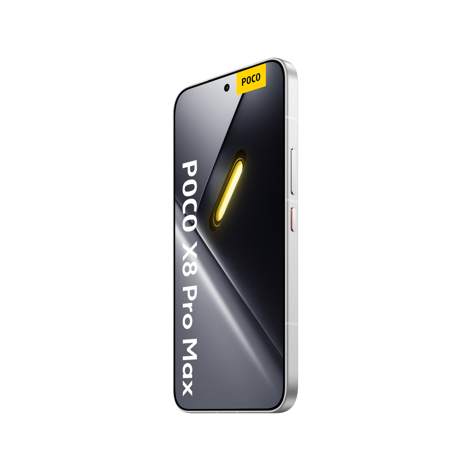 Smartfon POCO X8 Pro Max Biały Przedni, prawy bok